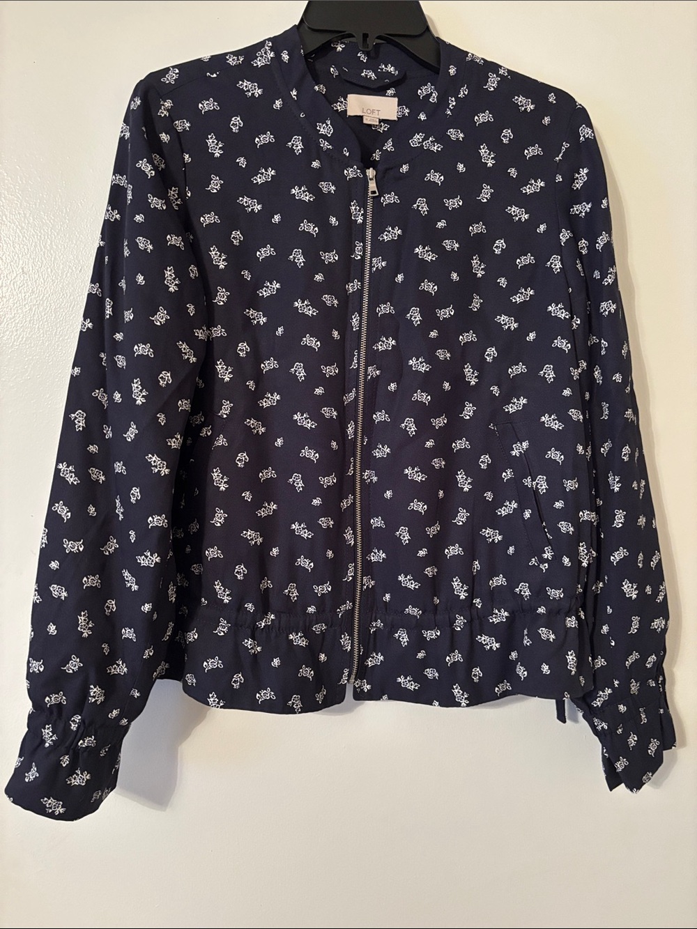 LOFT Navy Floral Zip Bomber Jacket